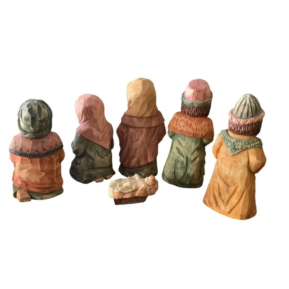 World Market Carved Faux Wood Folk Art Nativity Scene Figures Shelf Sitters 6Pc